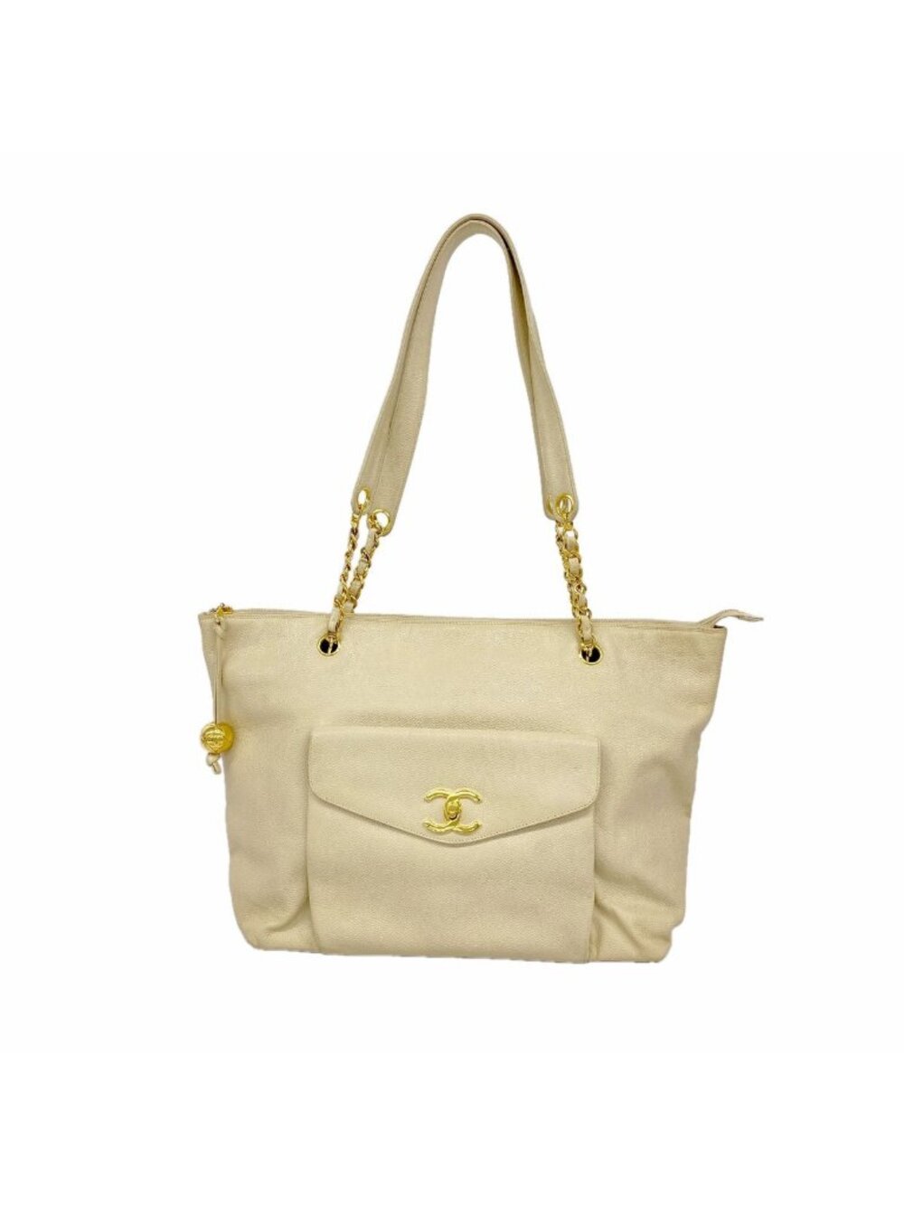 Chanel Chain Tote Bag Caviar Leather Beige Gold